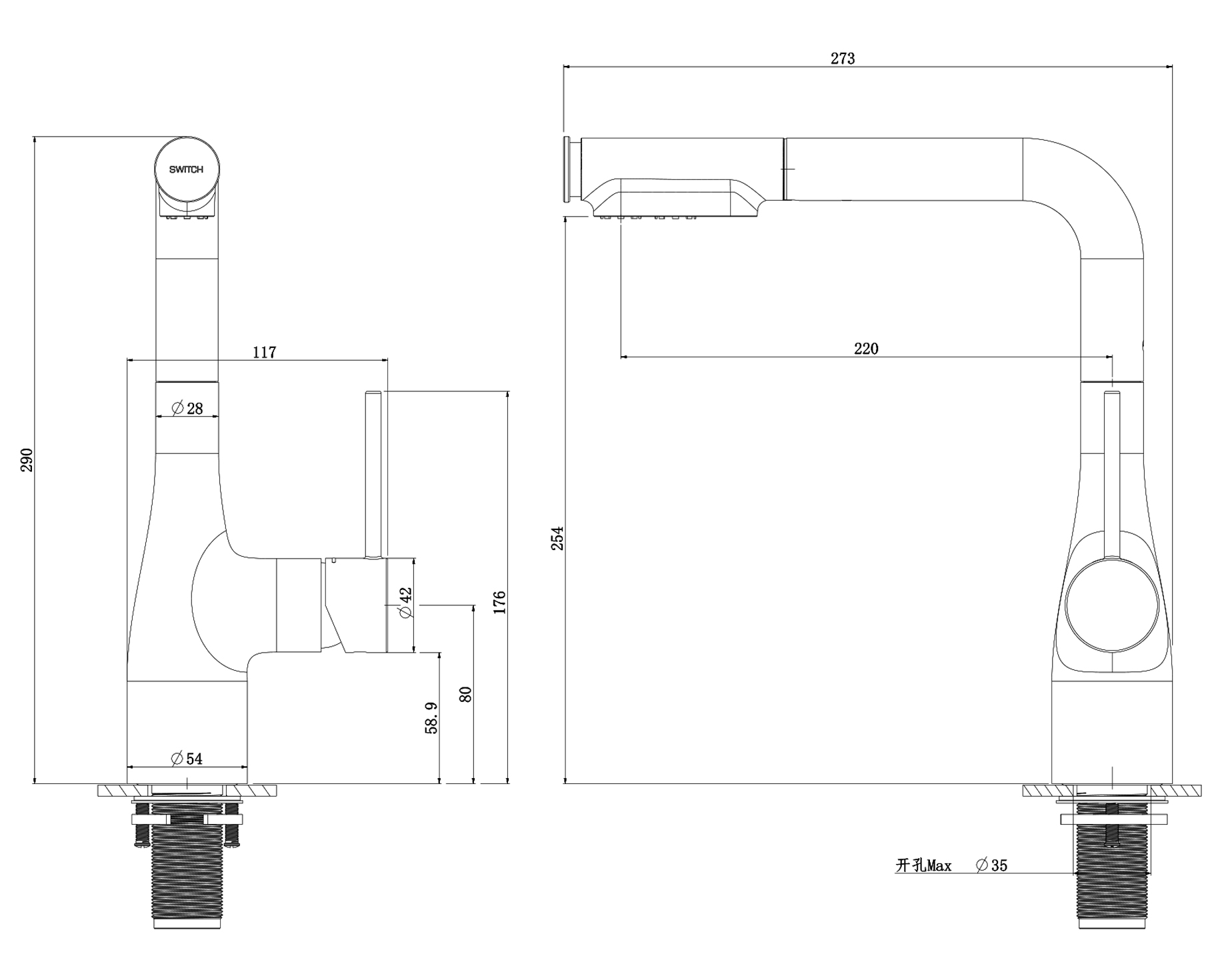 Kích thước sản phẩm | Vòi rửa nóng lạnh dây rút Faster FS 3167S Kích thước sản phẩm | Vòi rửa nóng lạnh dây rút Faster FS 3167S