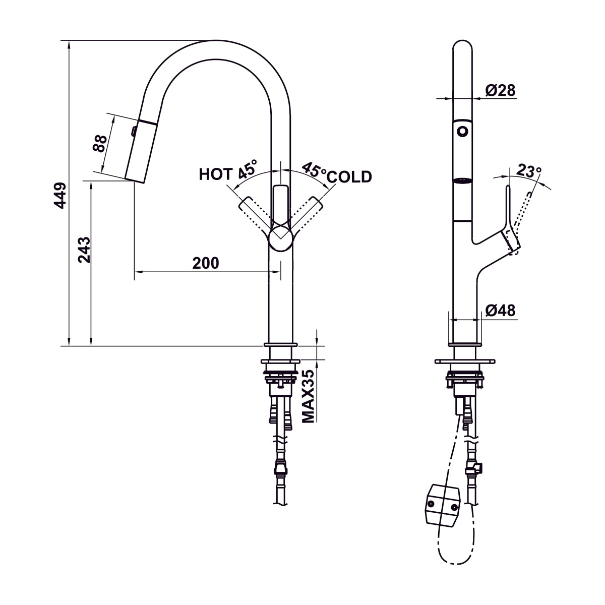 Kích thước sản phẩm | Vòi rửa nóng lạnh dây rút Inox 304 mạ PVD màu Chrome bóng Hafele LUX-P HT25-SH1F449 | 570.85.043 Kích thước sản phẩm | Vòi rửa nóng lạnh dây rút Inox 304 mạ PVD màu Chrome bóng Hafele LUX-P HT25-SH1F449 | 570.85.043