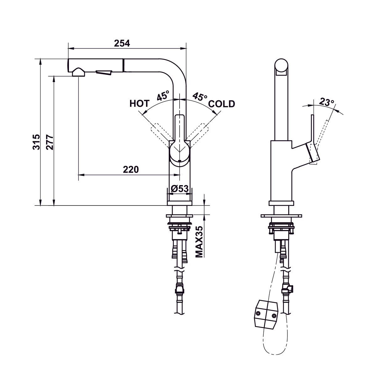 Kích thước sản phẩm | Vòi rửa nóng lạnh dây rút Inox 304 mạ PVD màu Chrome mờ Hafele LUX-P HT25-SH1P315 | 570.85.049 Kích thước sản phẩm | Vòi rửa nóng lạnh dây rút Inox 304 mạ PVD màu Chrome mờ Hafele LUX-P HT25-SH1P315 | 570.85.049
