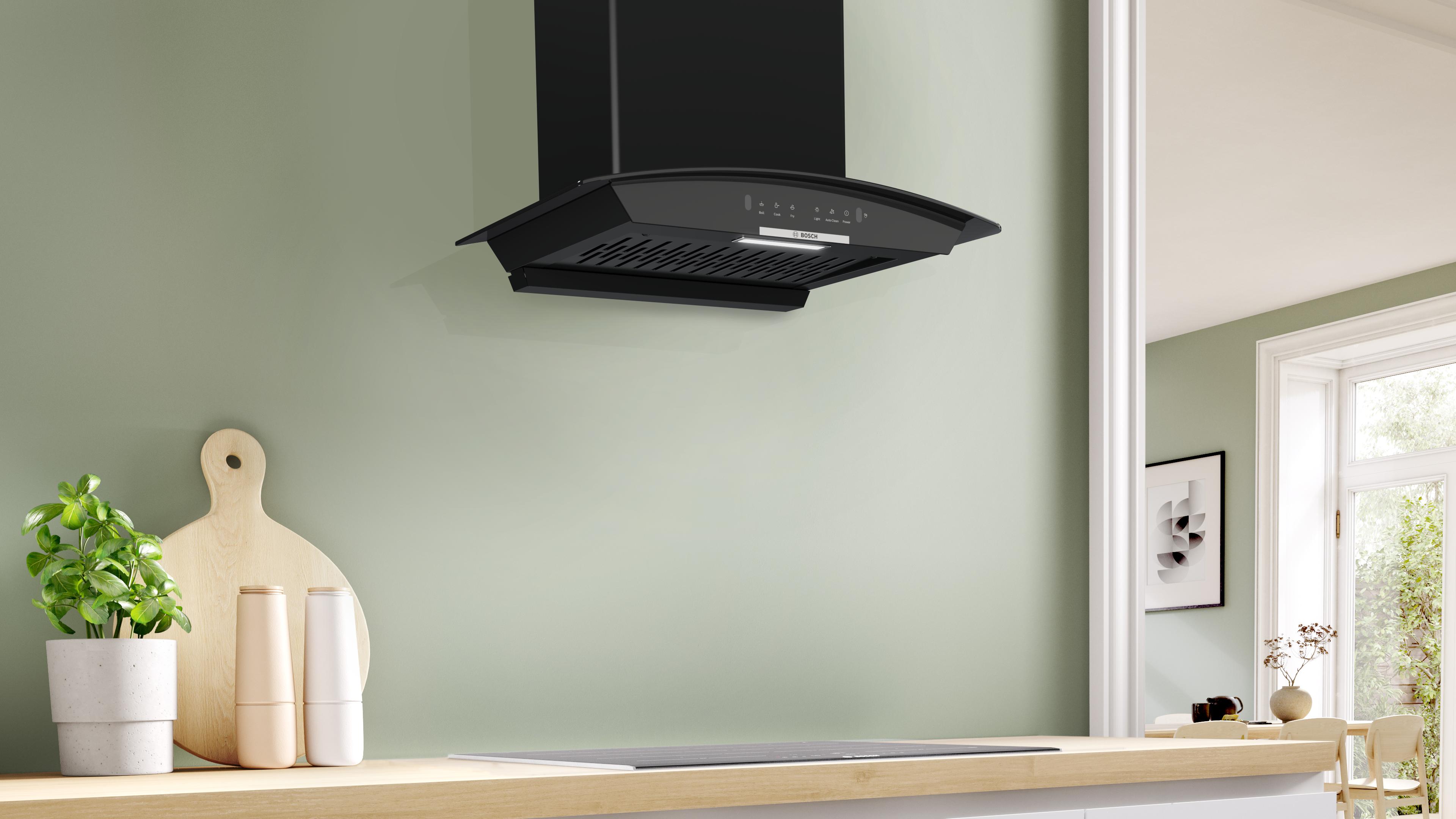 Máy hút mùi áp tường kính cong màu đen 60cm Serie 4 Bosch DWA68IJ60I Máy hút mùi áp tường kính cong màu đen 60cm Serie 4 Bosch DWA68IJ60I