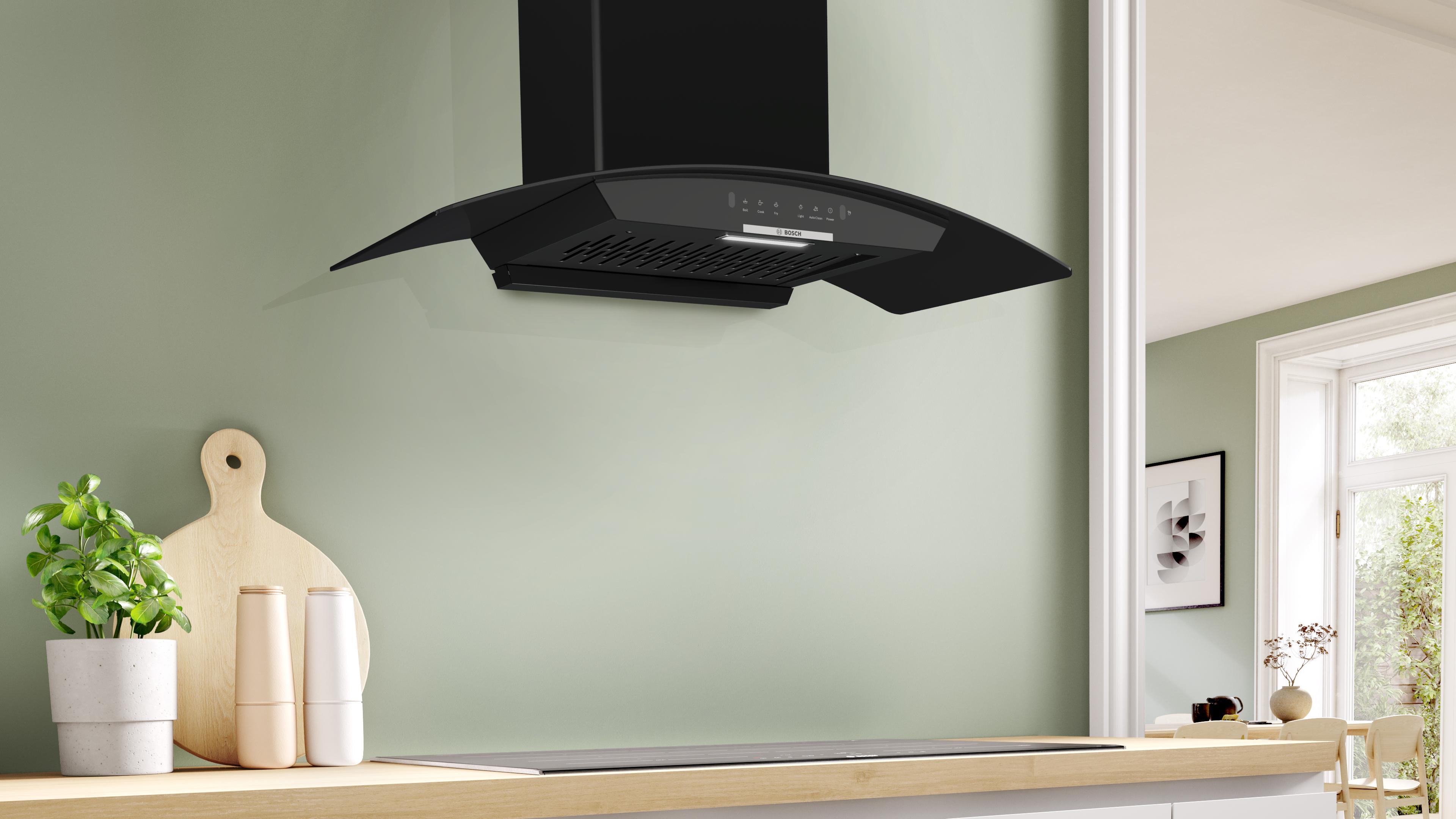 Máy hút mùi áp tường kính cong màu đen 90cm Serie 4 Bosch DWA98IJ60I Máy hút mùi áp tường kính cong màu đen 90cm Serie 4 Bosch DWA98IJ60I