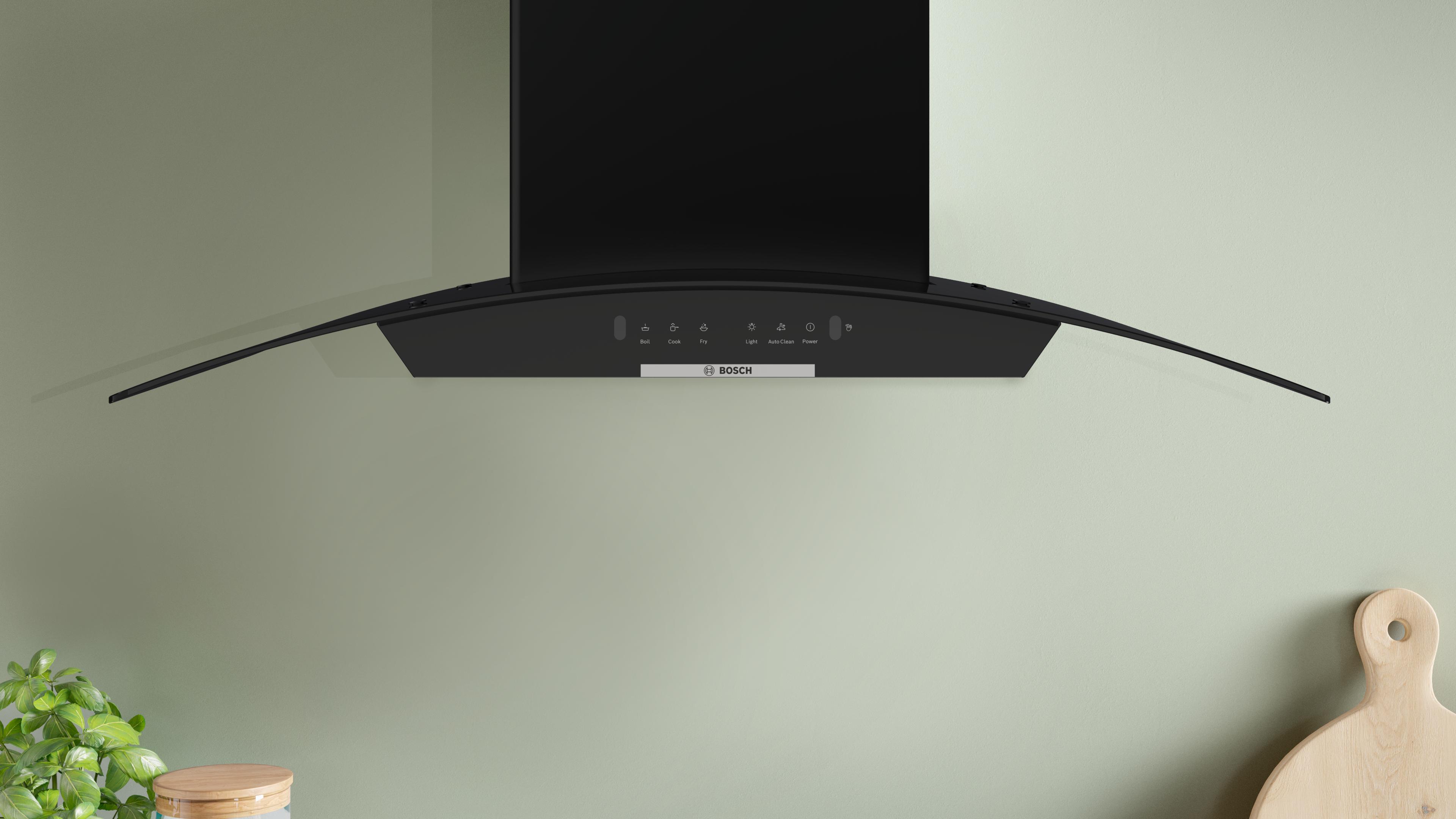 Máy hút mùi áp tường kính cong màu đen 90cm Serie 4 Bosch DWA98IJ60I Máy hút mùi áp tường kính cong màu đen 90cm Serie 4 Bosch DWA98IJ60I