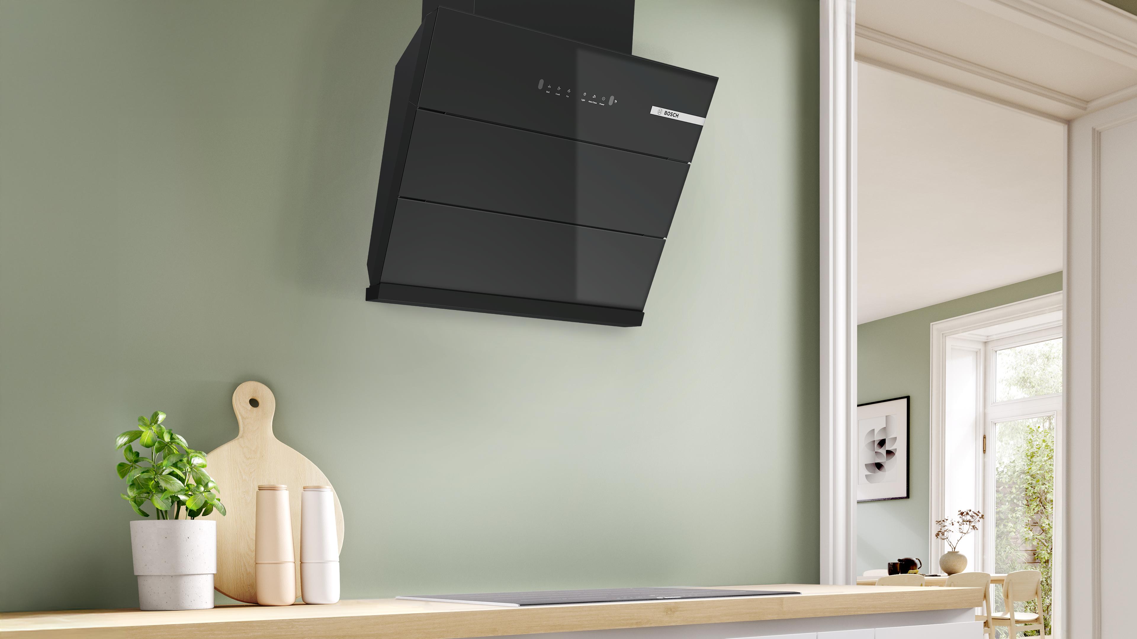 Máy hút mùi áp tường kính vát màu đen 60cm Serie 4 Bosch DWK68IJ60I Máy hút mùi áp tường kính vát màu đen 60cm Serie 4 Bosch DWK68IJ60I