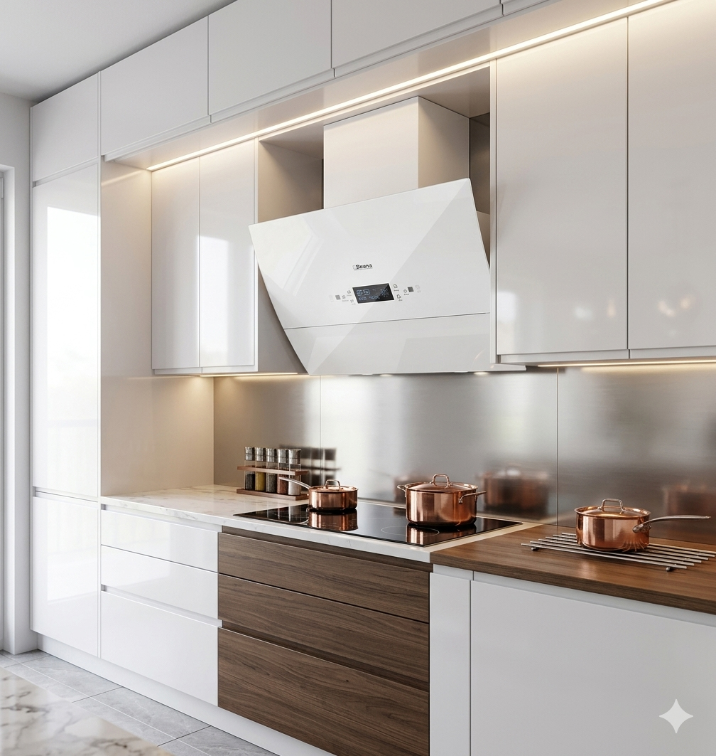 Máy hút mùi áp tường kính vát màu trắng 70cm Binova BI-66Luxury-70 Máy hút mùi áp tường kính vát màu trắng 70cm Binova BI-66Luxury-70