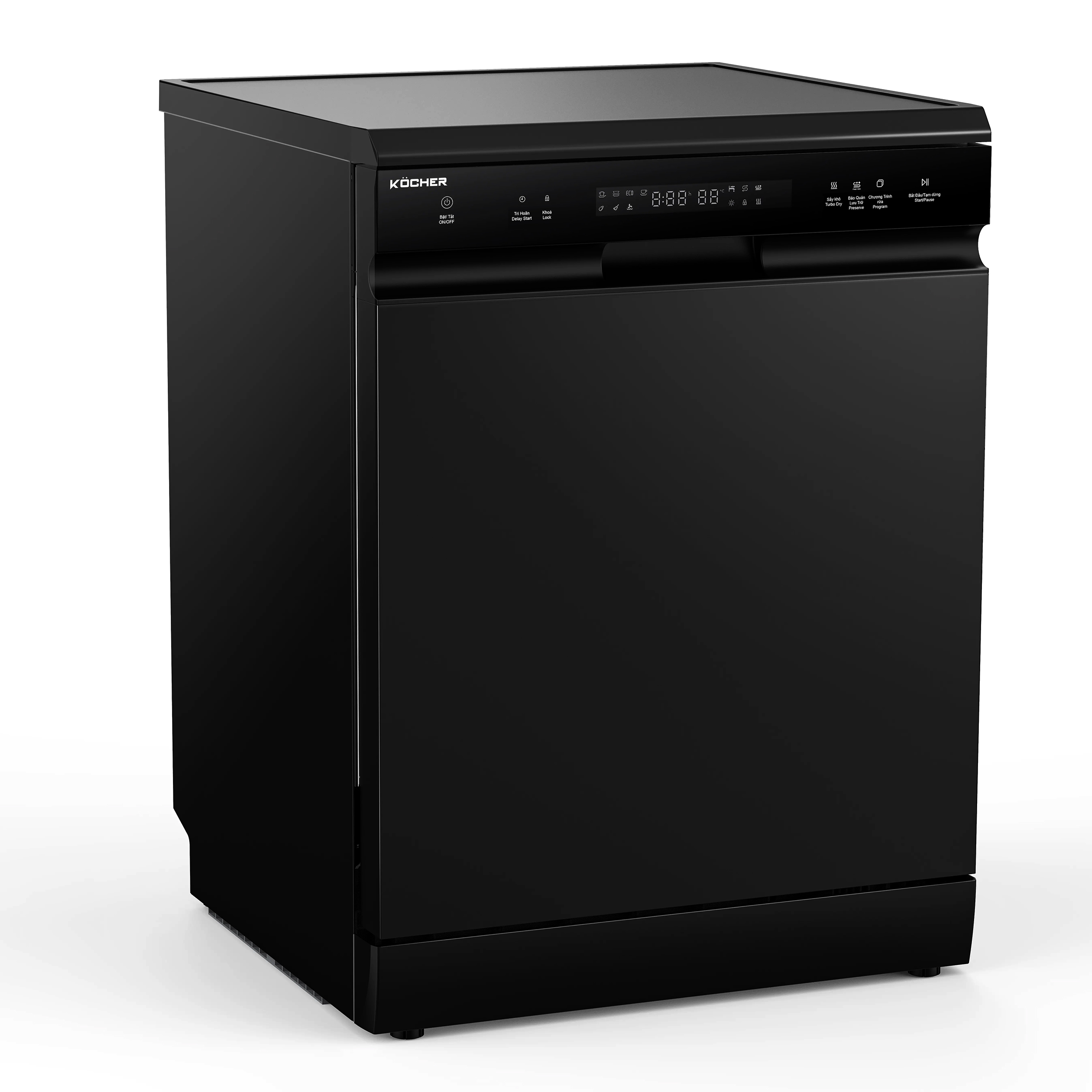Mặt trước của máy rửa bát Kocher KDEU-X15B có phần tay vịn màu đen, bên trong là khoảng trống hở để người dùng dễ dàng nắm được và kéo ra khi cần.