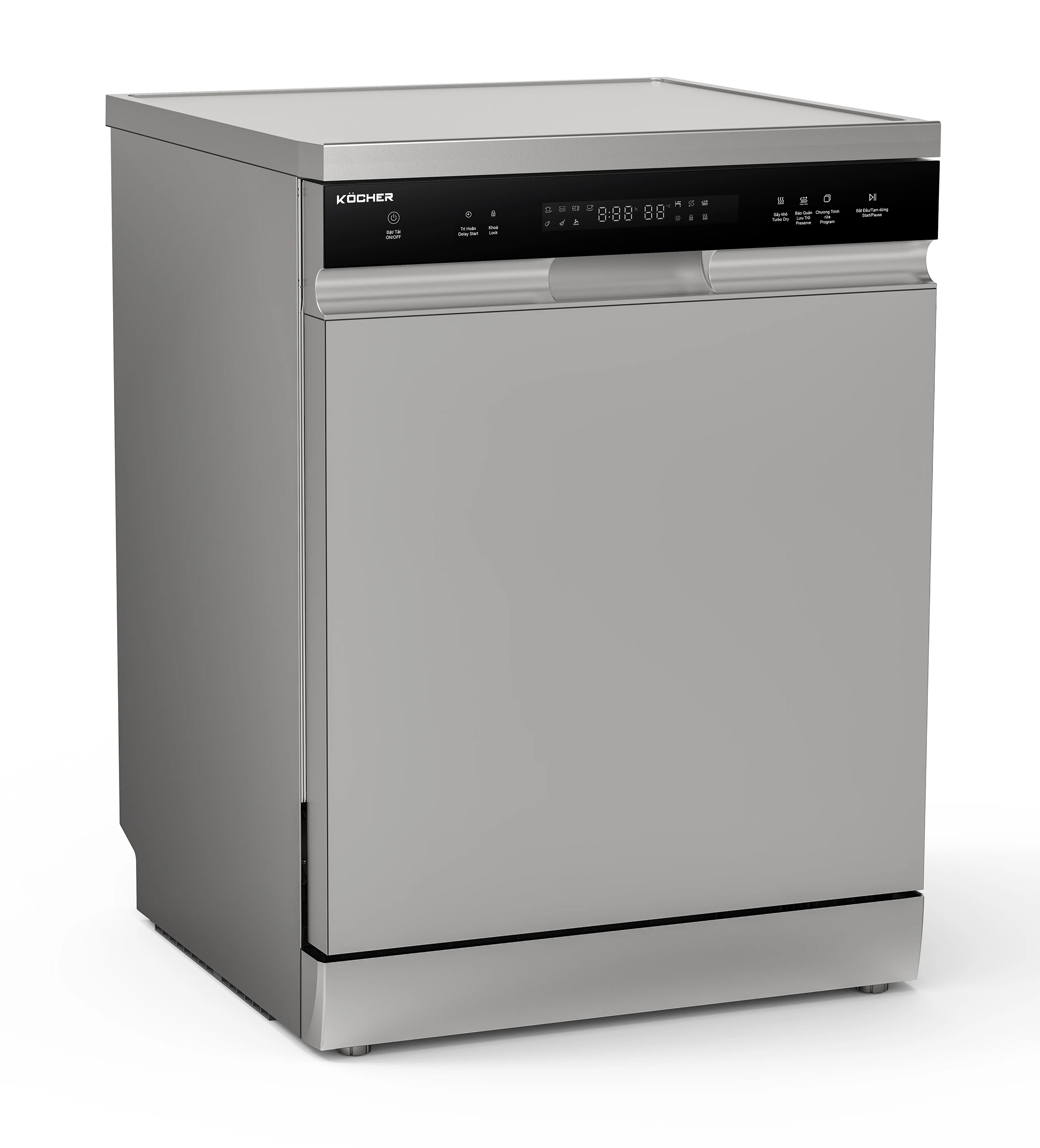 Mặt trước của máy rửa bát Kocher KDEU-X15S có phần tay vịn màu bạc, bên trong là khoảng trống hở để người dùng dễ dàng nắm được và kéo ra khi cần.