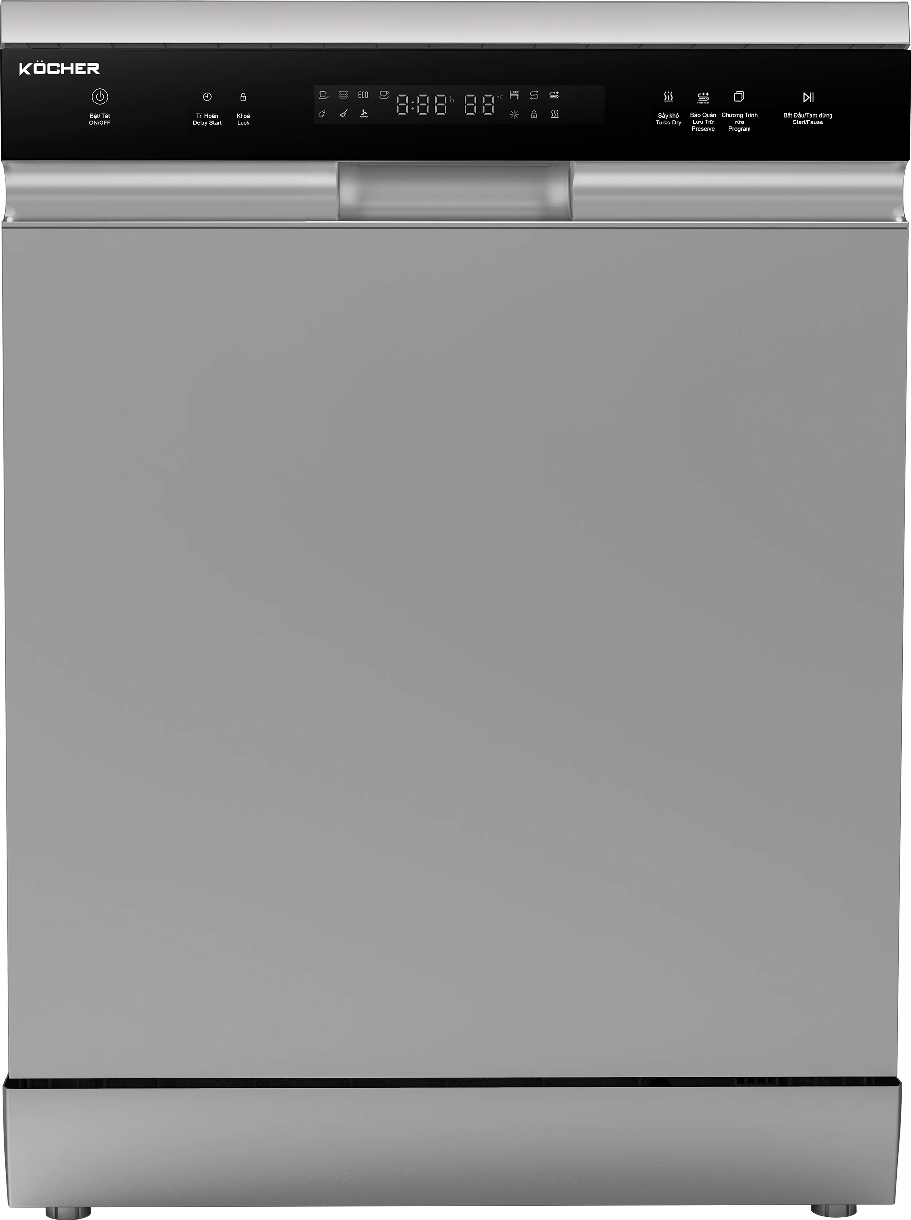 Máy rửa bát Kocher KDEU-X15S có công suất tiêu thụ 1750W, lượng nước tiêu thụ khoảng 9 lít/1 lần rửa, cho phép rửa 17 bộ bát đĩa Châu Âu