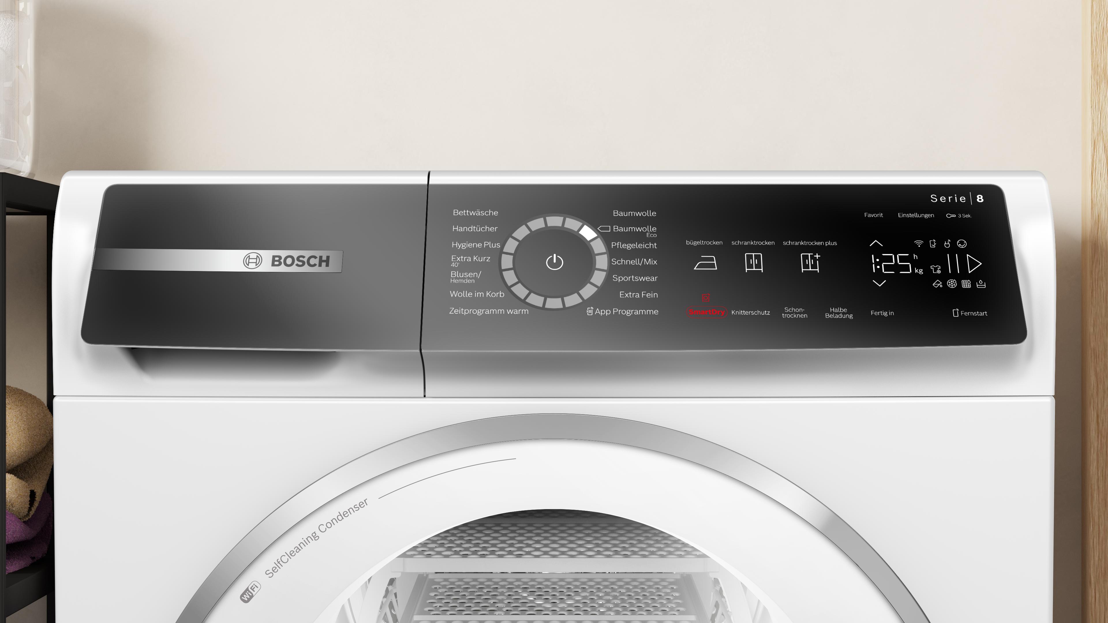 Máy sấy bơm nhiệt màu trắng 9kg Serie 8 Bosch WQB245B90