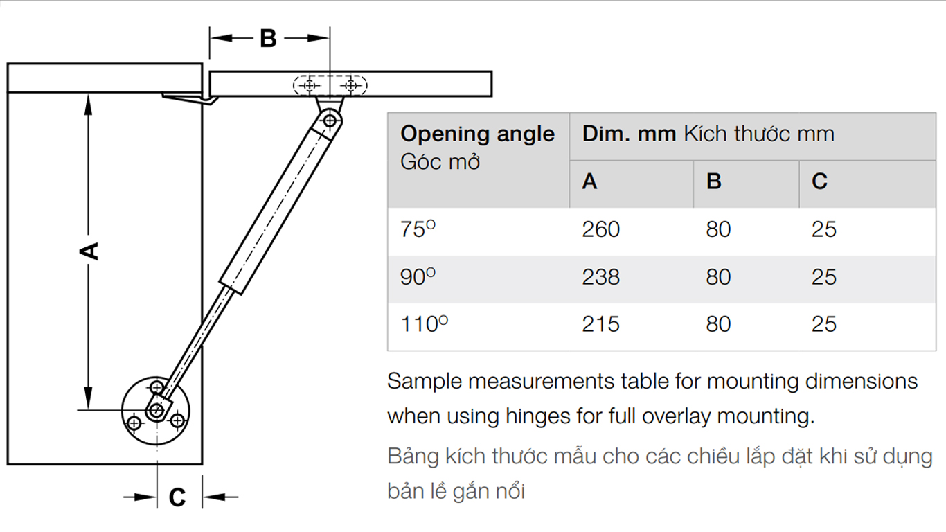 Kích thước lắp đặt | Pittong đẩy cánh tủ Hafele Kích thước lắp đặt | Pittong đẩy cánh tủ Hafele