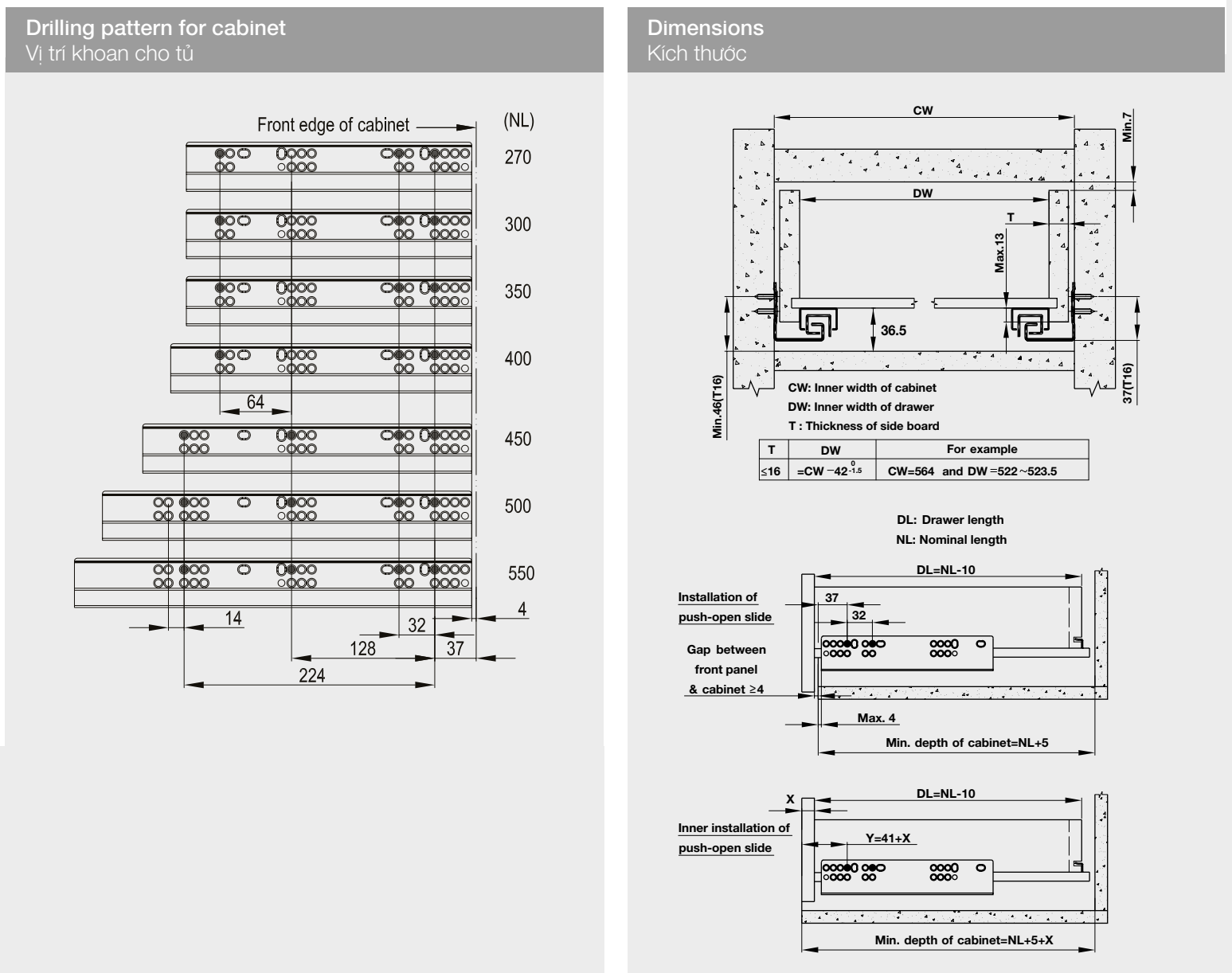 Kích thước lắp đặt sản phẩm | Ray âm EPC EVO nhấn mở toàn phần giảm chấn Hafele Kích thước lắp đặt sản phẩm | Ray âm EPC EVO nhấn mở toàn phần giảm chấn Hafele