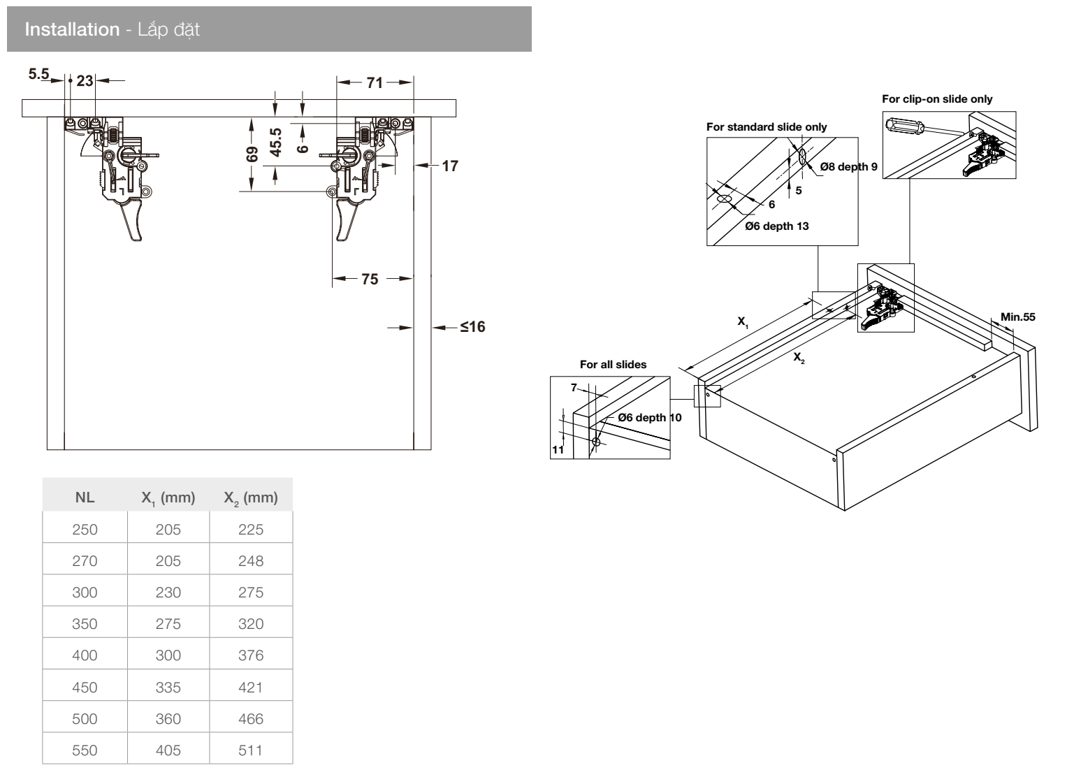 Kích thước lắp đặt sản phẩm | Ray âm EPC EVO nhấn mở toàn phần giảm chấn Hafele Kích thước lắp đặt sản phẩm | Ray âm EPC EVO nhấn mở toàn phần giảm chấn Hafele