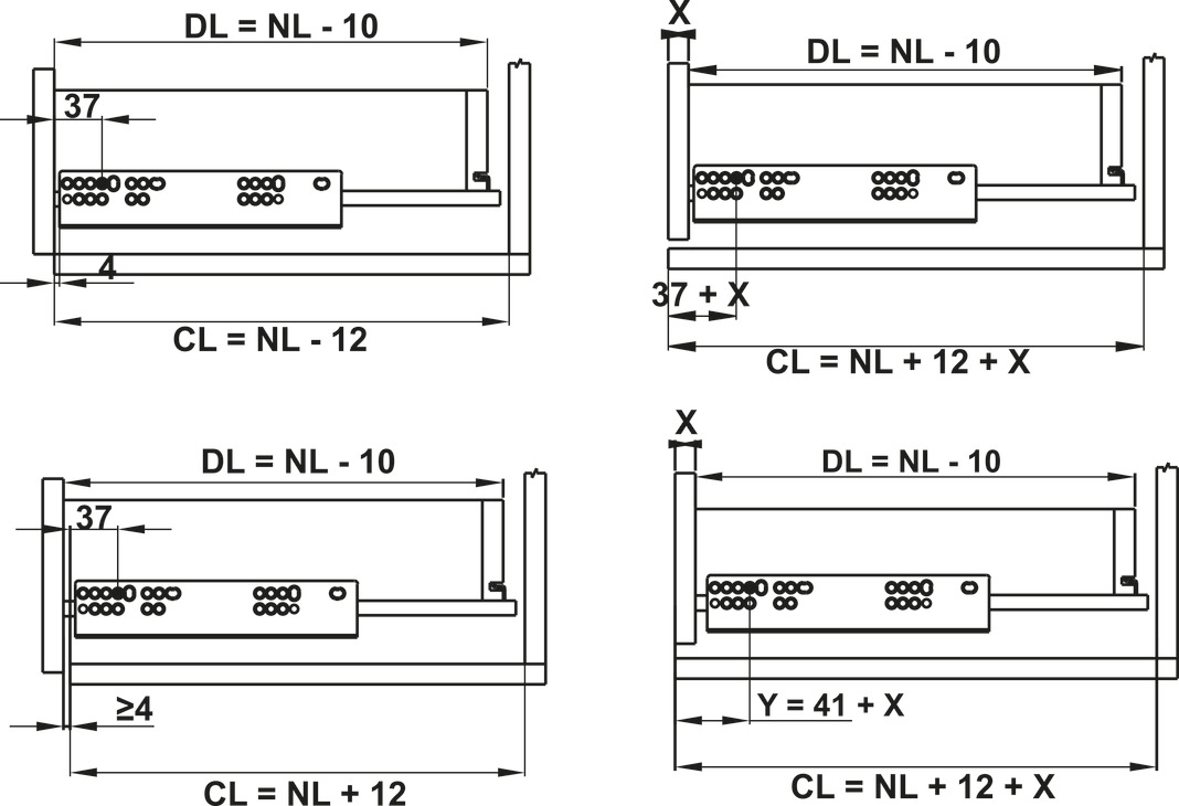 Kích thước lắp đặt | Ray âm EPC EVO nhấn mở toàn phần tích hợp giảm chấn Hafele Kích thước lắp đặt | Ray âm EPC EVO nhấn mở toàn phần tích hợp giảm chấn Hafele