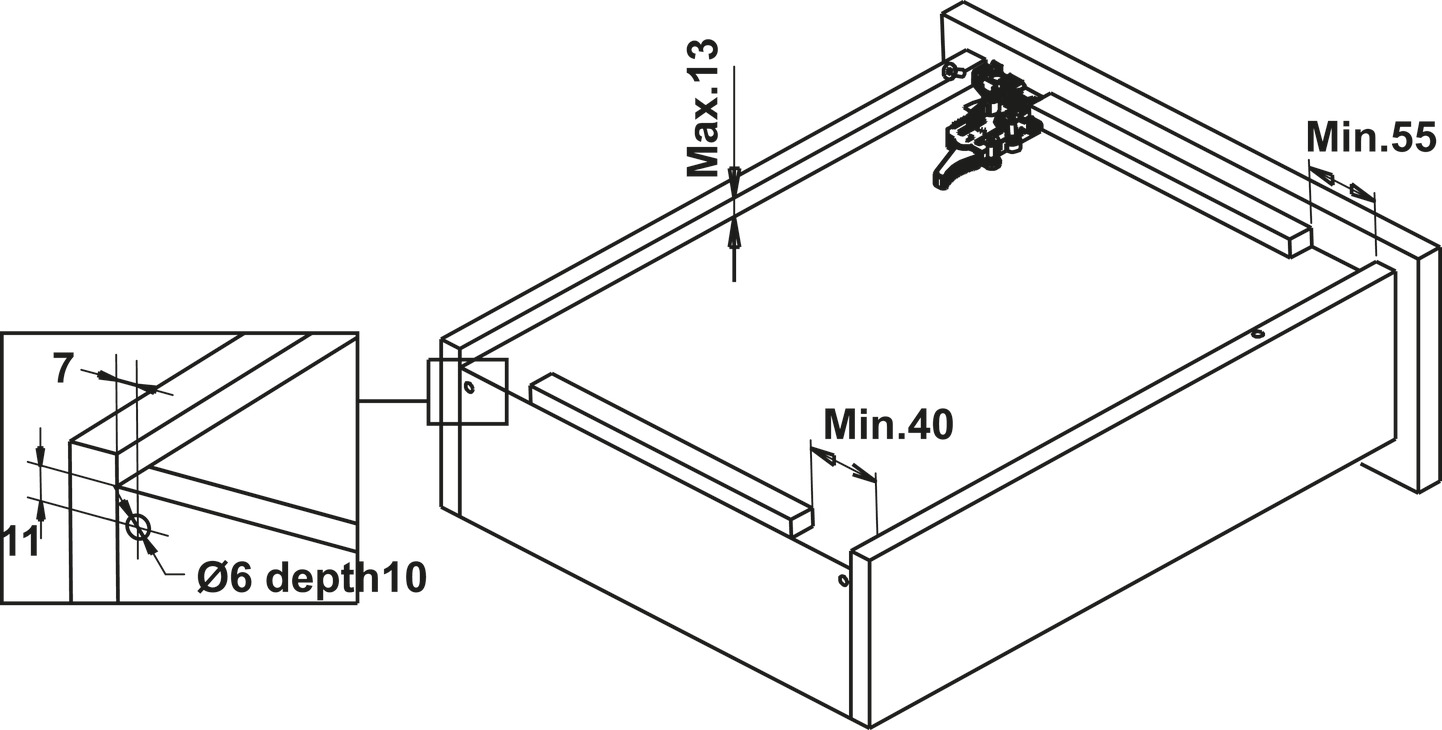 Kích thước lắp đặt | Ray âm EPC EVO nhấn mở toàn phần tích hợp giảm chấn Hafele Kích thước lắp đặt | Ray âm EPC EVO nhấn mở toàn phần tích hợp giảm chấn Hafele