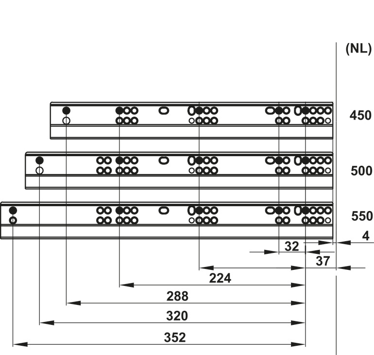 Kích thước lắp đặt | Ray âm Matrix UM mở toàn phần giảm chấn Hafele Kích thước lắp đặt | Ray âm Matrix UM mở toàn phần giảm chấn Hafele