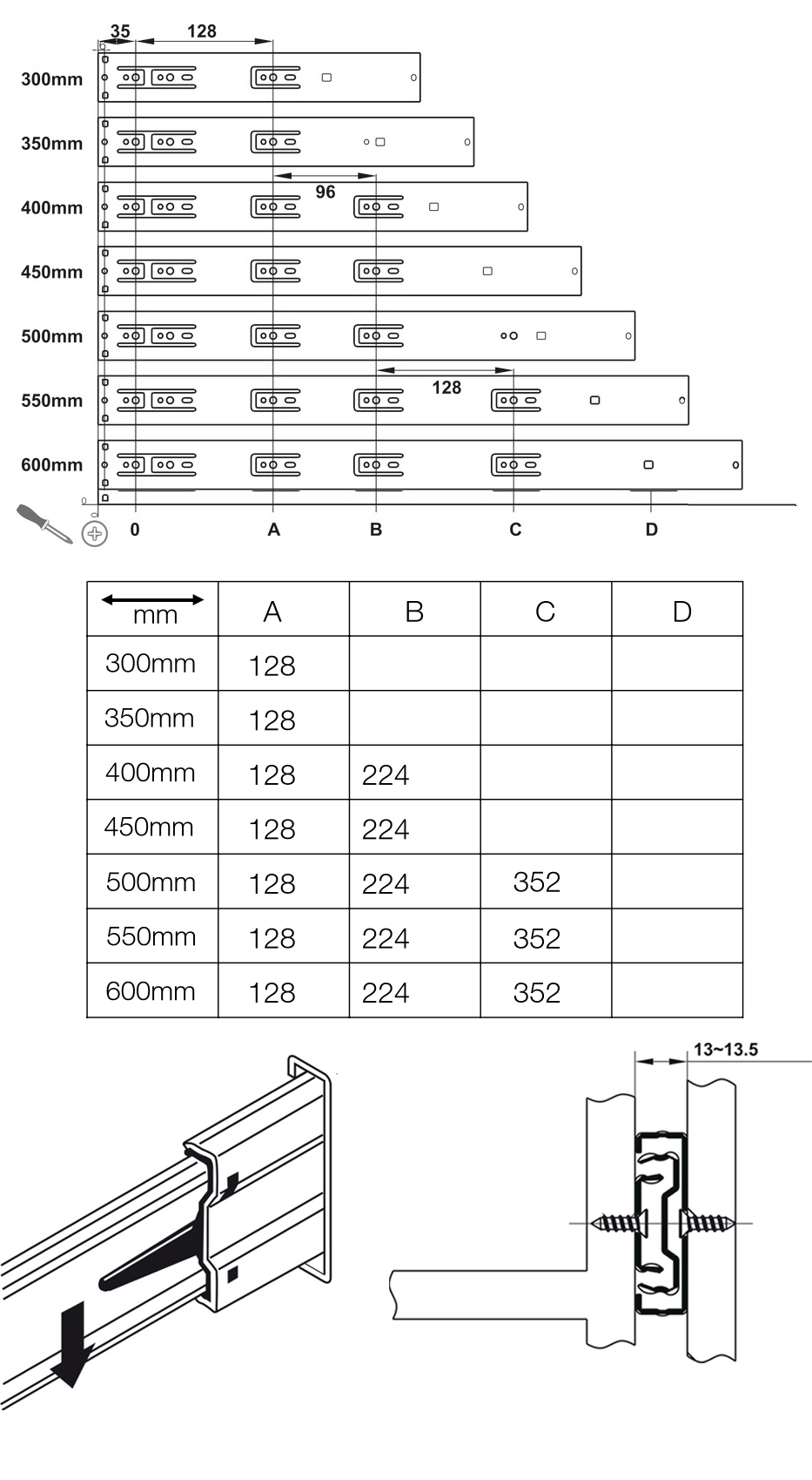 Kích thước lắp đặt | Ray bi 3 tầng có giảm chấn thép mạ kẽm màu sáng Hafele Kích thước lắp đặt | Ray bi 3 tầng có giảm chấn thép mạ kẽm màu sáng Hafele