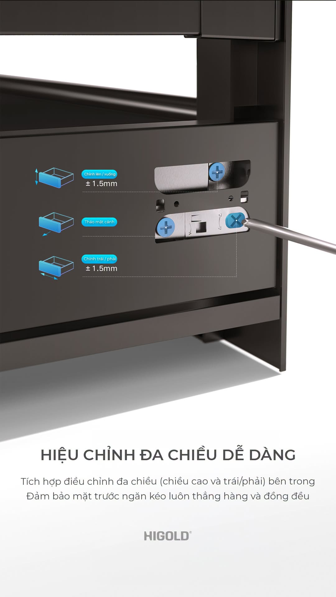 Ray hộp giảm chấn ngăn kéo 3 mặt cao 167mm dài 500mm Higold | Series N | 820020