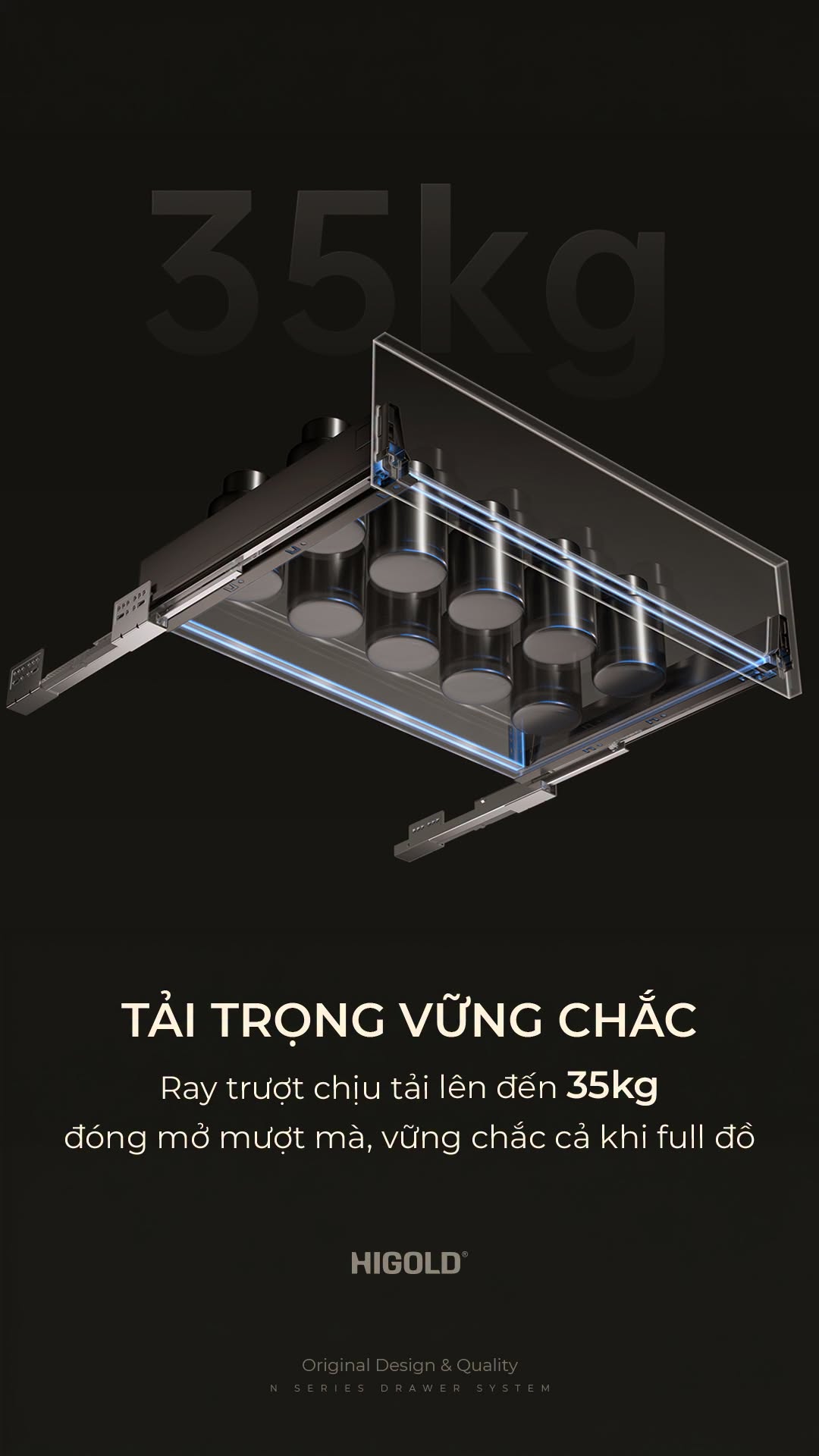 Ray hộp giảm chấn ngăn kéo 3 mặt cao 86mm dài 500mm Higold | Series N | 820006