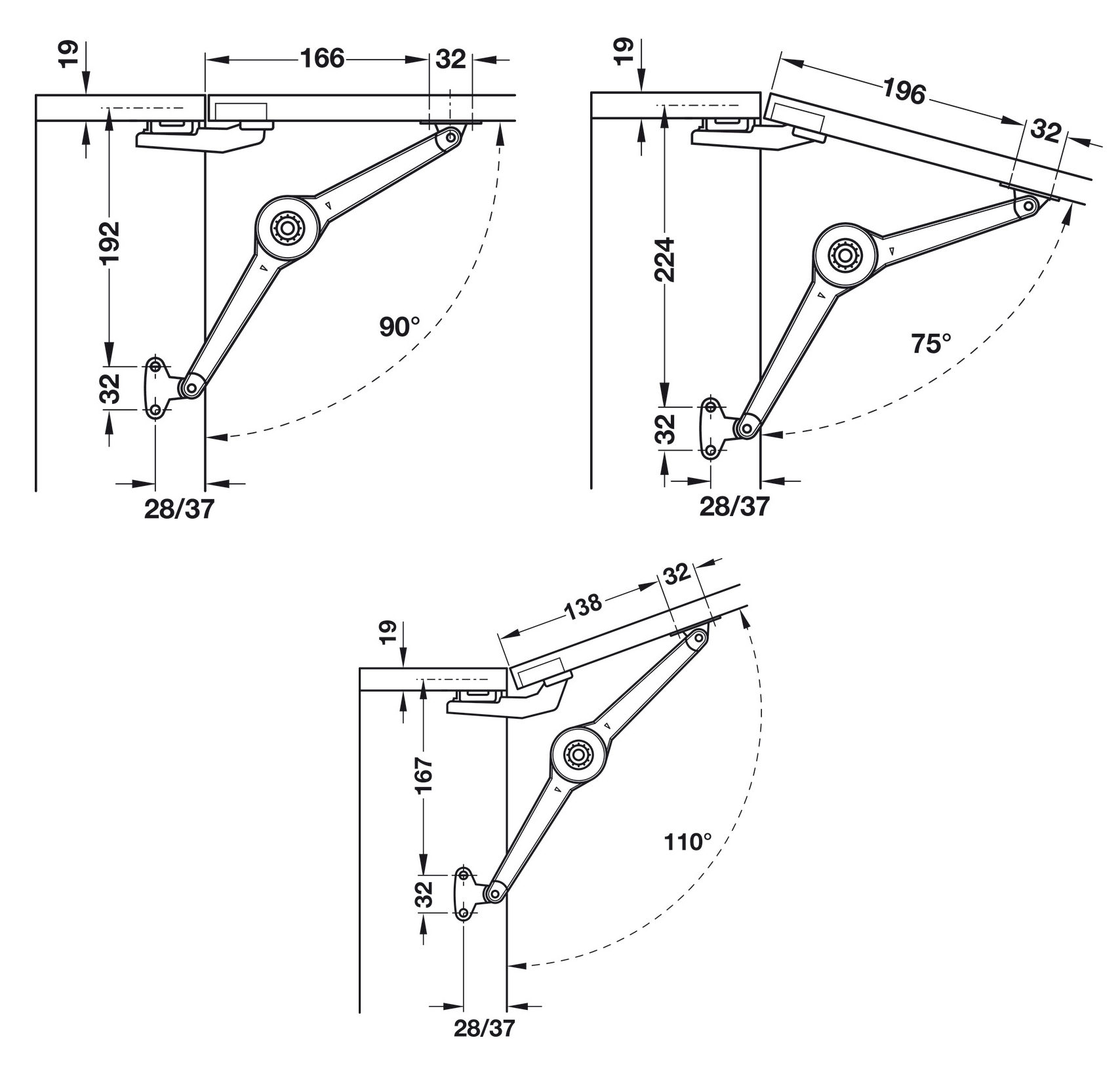 Kích thước lắp đặt mở lên | Tay nâng/chống 1 cánh Duo Forte Hafele 373.66.632 Kích thước lắp đặt mở lên | Tay nâng/chống 1 cánh Duo Forte Hafele 373.66.632