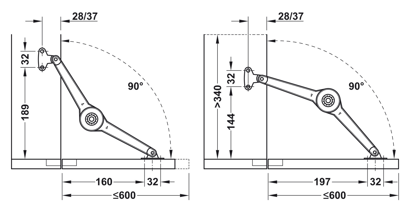 Kích thước lắp đặt mở xuống | Tay nâng/chống 1 cánh Duo Forte Hafele 373.66.632 Kích thước lắp đặt mở xuống | Tay nâng/chống 1 cánh Duo Forte Hafele 373.66.632