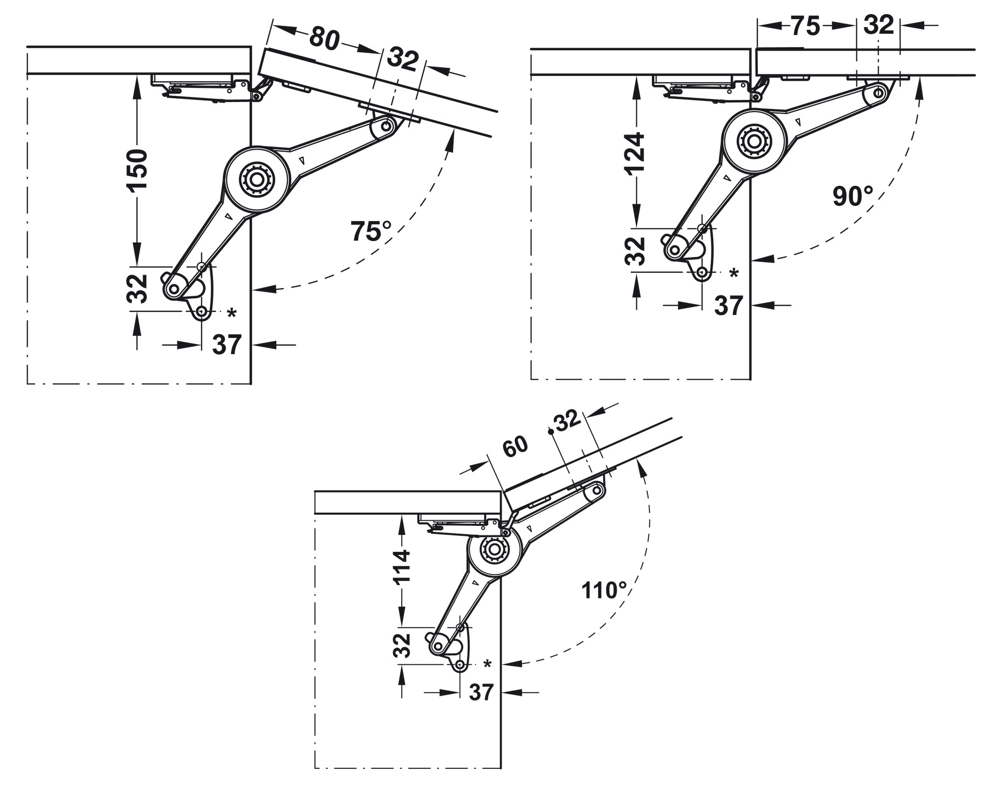 Kích thước lắp đặt | Tay nâng/chống 1 cánh Duo Standard Hafele 373.66.612 Kích thước lắp đặt | Tay nâng/chống 1 cánh Duo Standard Hafele 373.66.612