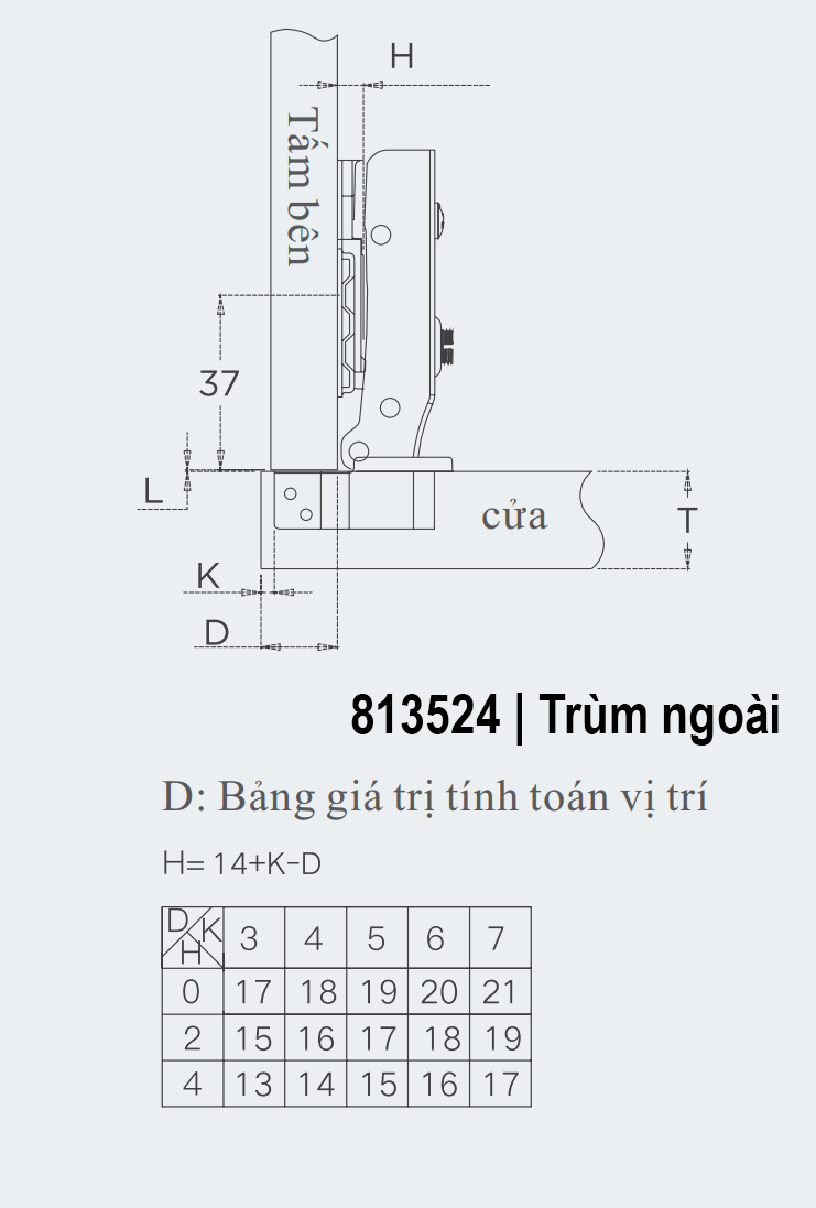 Bản vẽ kỹ thuật | Bản lề giảm chấn INOX 304 lắp đặt nhanh Higold | Series N | 813524 | Trùm ngoài