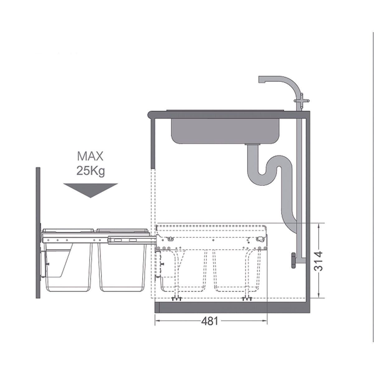 Kích thước sản phẩm | Thùng rác âm tủ 2 ngăn 2*15L cánh kéo/mở màu xám 400mm Hafele Viola 503.39.631 Kích thước sản phẩm | Thùng rác âm tủ 2 ngăn 2*15L cánh kéo/mở màu xám 400mm Hafele Viola 503.39.631
