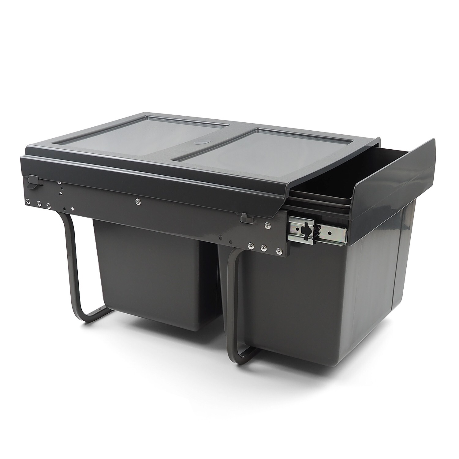 Thùng rác âm tủ 2 ngăn 30L cánh kéo/mở màu xám 400mm Hafele 503.39.631 thiết kế nắp che tiện dụng đảm bảo rác thải được thu gọn trong thùng Thùng rác âm tủ 2 ngăn 30L cánh kéo/mở màu xám 400mm Hafele 503.39.631 thiết kế nắp che tiện dụng đảm bảo rác thải được thu gọn trong thùng