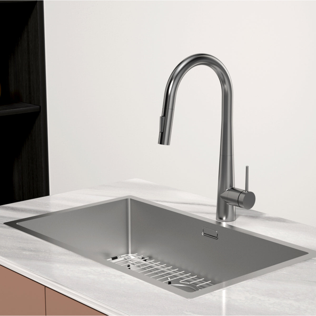 Vòi rửa nóng lạnh dây rút Inox 304 mạ PVD màu Titan Hafele HT24-SH1P417 | 570.85.441 được thiết kế với kiểu dáng chữ C cổ vòm mềm mại Vòi rửa nóng lạnh dây rút Inox 304 mạ PVD màu Titan Hafele HT24-SH1P417 | 570.85.441 được thiết kế với kiểu dáng chữ C cổ vòm mềm mại