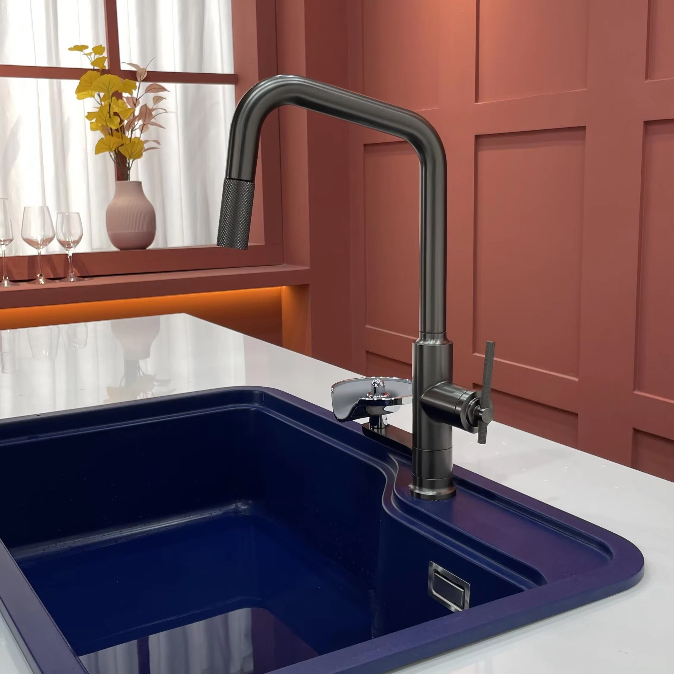 Vòi rửa nóng lạnh dây rút tích hợp rửa ly màu xám đen Faster FS 1109G Vòi rửa nóng lạnh dây rút tích hợp rửa ly màu xám đen Faster FS 1109G