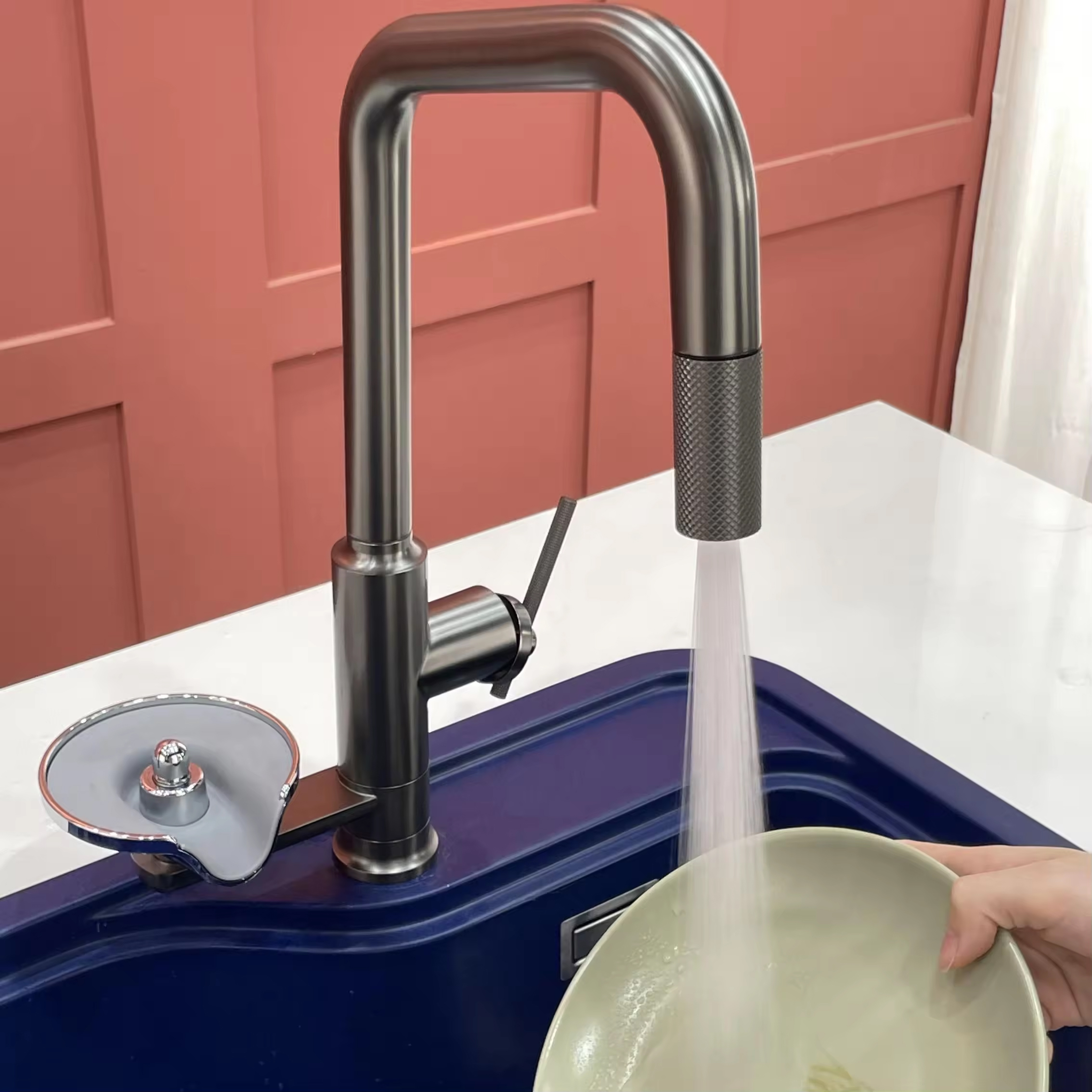 Vòi rửa nóng lạnh dây rút tích hợp rửa ly màu xám đen Faster FS 1109G Vòi rửa nóng lạnh dây rút tích hợp rửa ly màu xám đen Faster FS 1109G