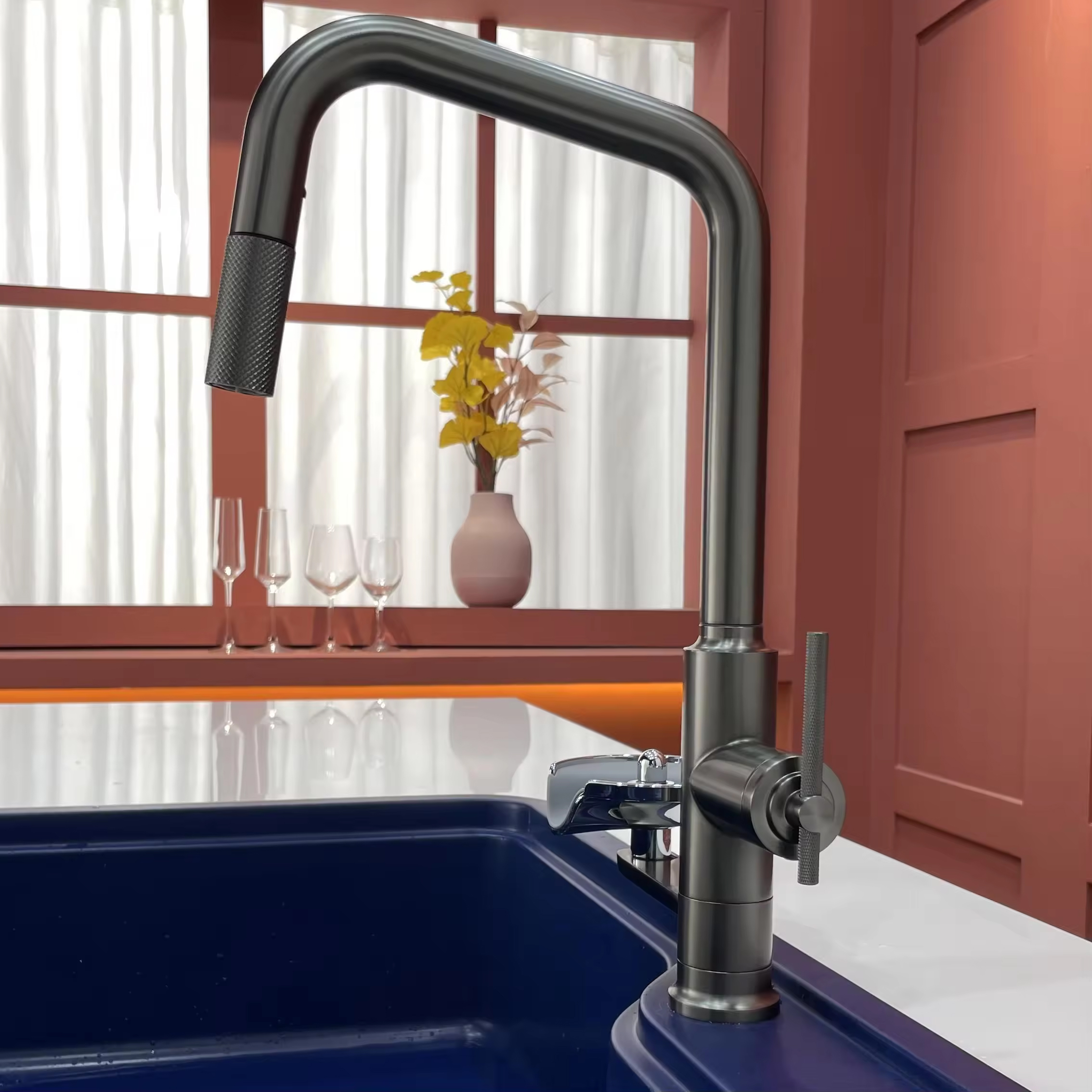 Vòi rửa nóng lạnh dây rút tích hợp rửa ly màu xám đen Faster FS 1109G Vòi rửa nóng lạnh dây rút tích hợp rửa ly màu xám đen Faster FS 1109G