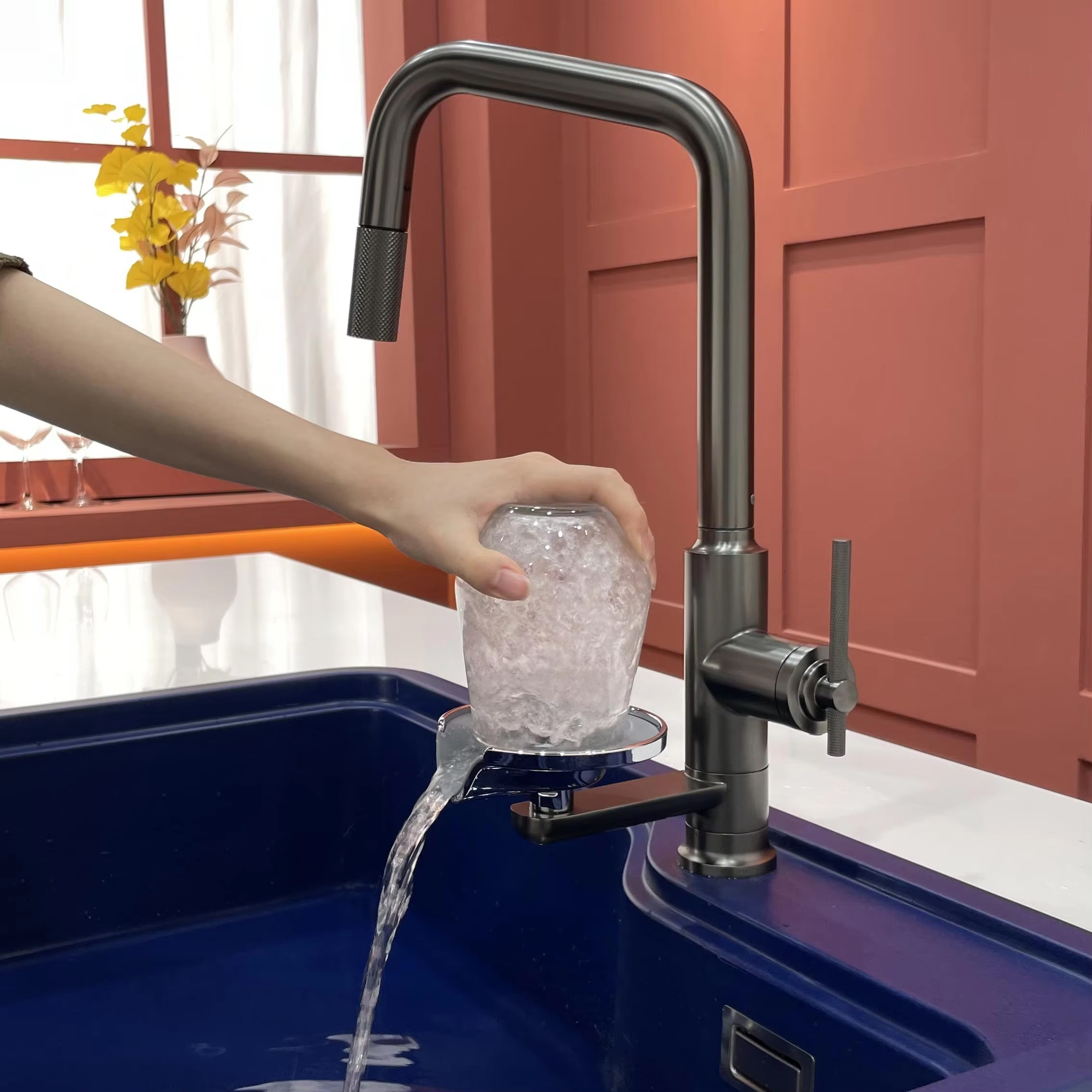 Vòi rửa nóng lạnh dây rút tích hợp rửa ly màu xám đen Faster FS 1109G Vòi rửa nóng lạnh dây rút tích hợp rửa ly màu xám đen Faster FS 1109G